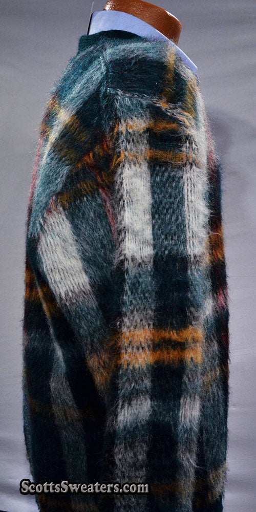 Vintage mohair sweater with classic retro shaggy plaid design and V-neck style