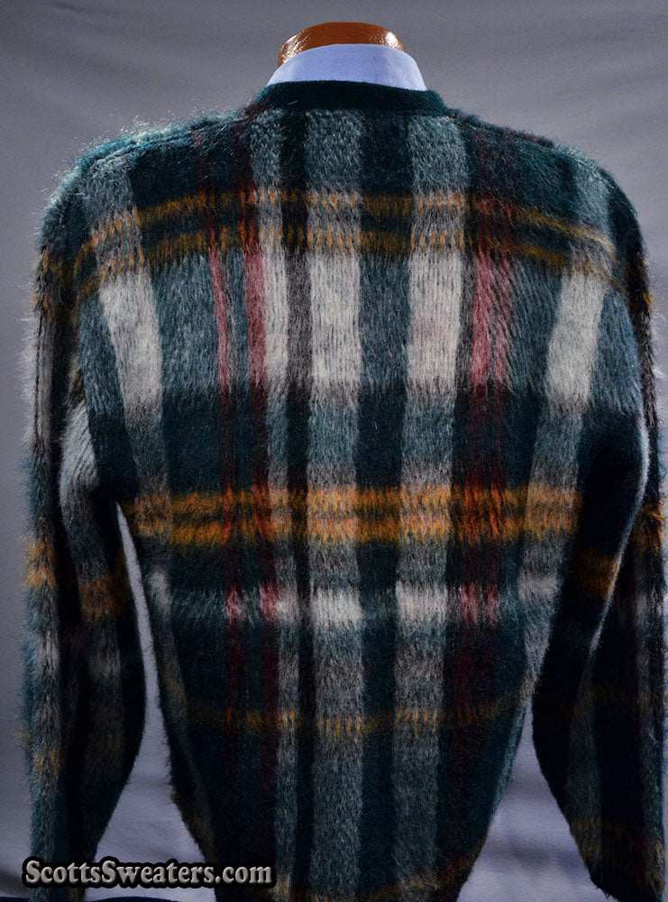 Vintage mohair sweater with classic retro shaggy plaid design and V-neck style