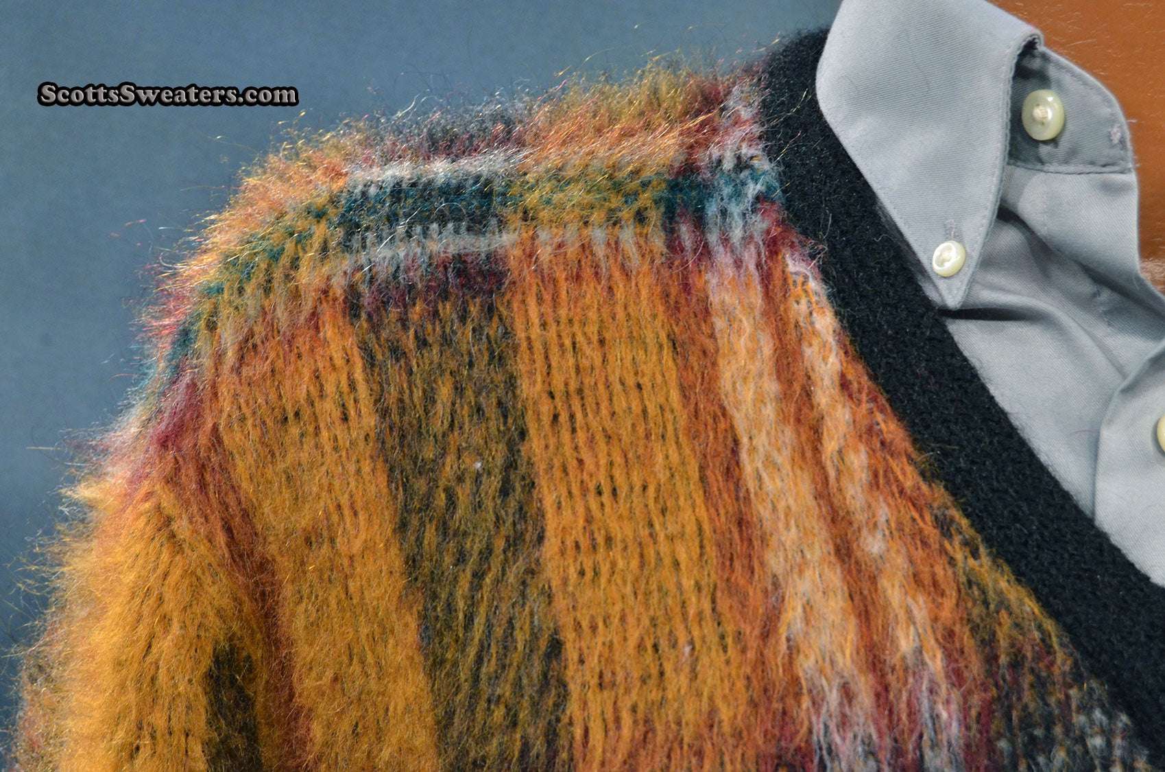 Vintage retro mohair sweater with shaggy plaid pattern and V-neck collar