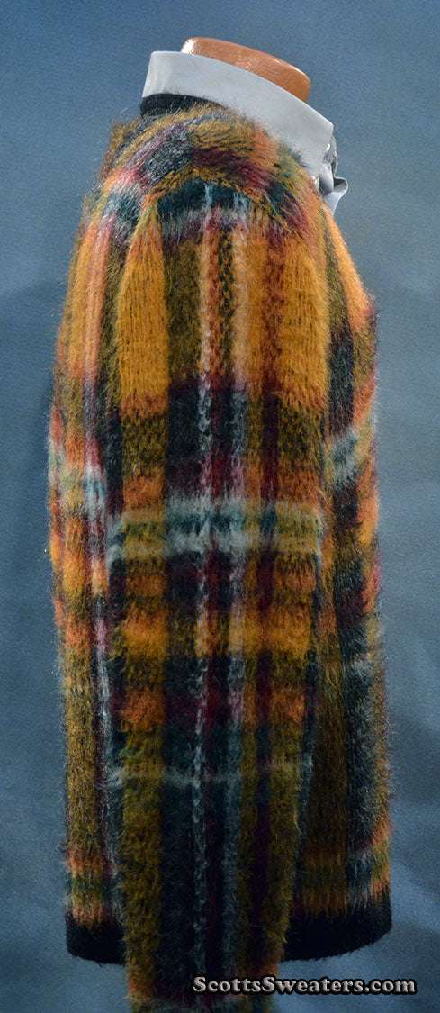 Vintage retro plaid mohair sweater with shaggy texture and V-neck design