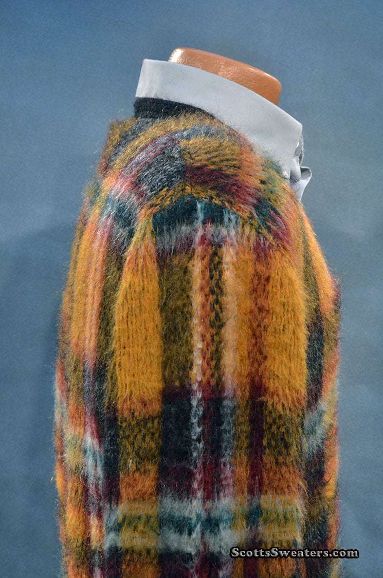 Vintage mohair sweater with retro shaggy plaid pattern and V-neck design