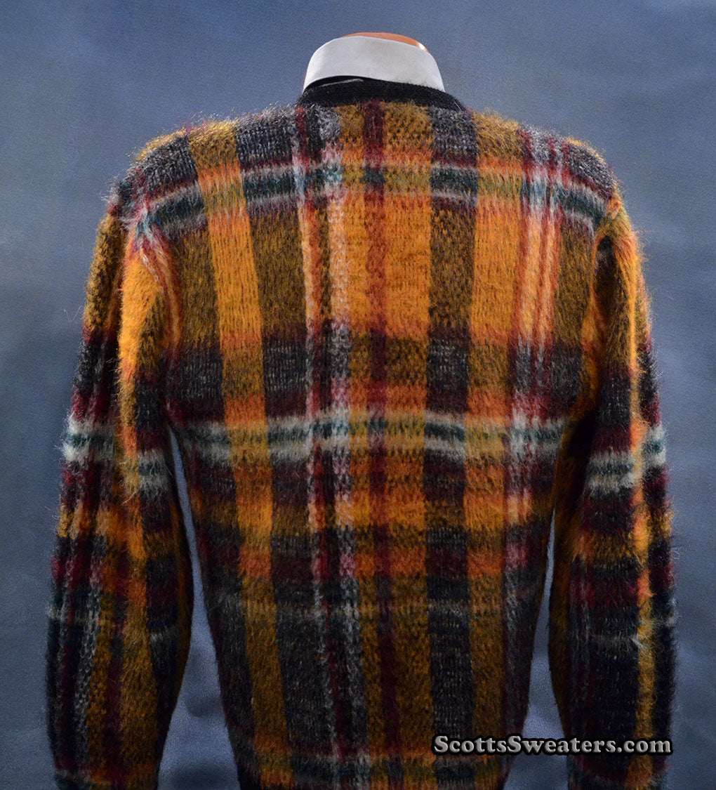 Vintage mohair sweater with retro shaggy plaid pattern and V-neck design