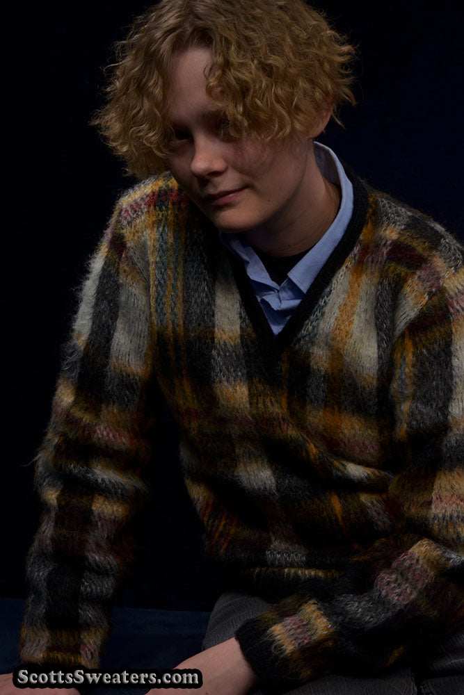 Classic retro plaid mohair sweater with V-neck and shaggy texture from 1970s style