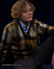 Vintage mohair sweater with retro shaggy plaid and V-neck design worn by a model