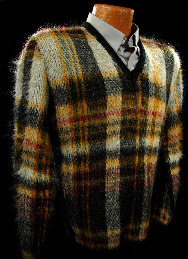 Vintage mohair sweater with classic retro shaggy plaid V-neck design