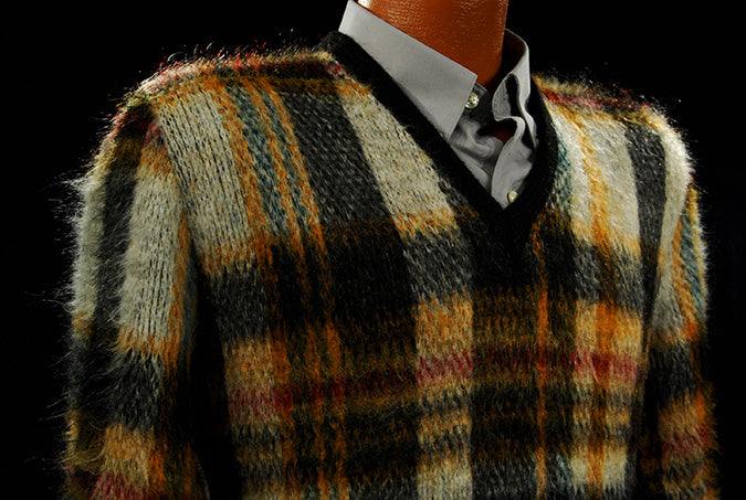 Vintage mohair sweater with classic retro shaggy plaid design and v-neck style