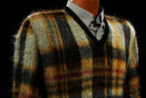 Vintage mohair sweater with classic retro shaggy plaid design and v-neck style