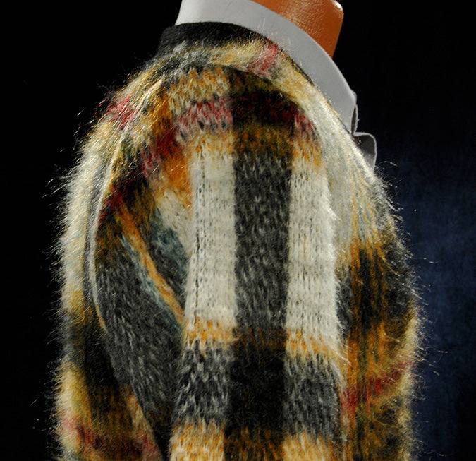 Vintage mohair sweater with classic retro shaggy plaid V-neck design