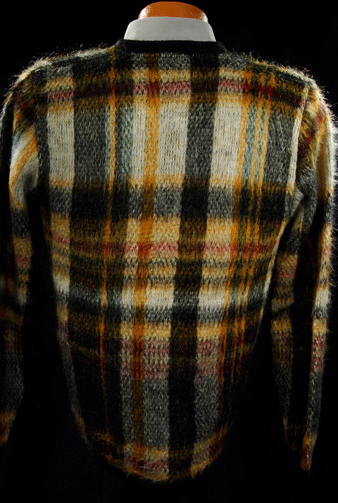 Classic retro mohair sweater with shaggy plaid pattern and V-neck vintage style