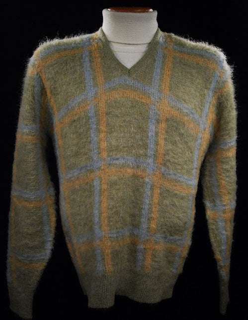 Retro Classic Original pea green light blue golden yellow plaid mohair V-neck sweater by Macrae in Small Medium 42