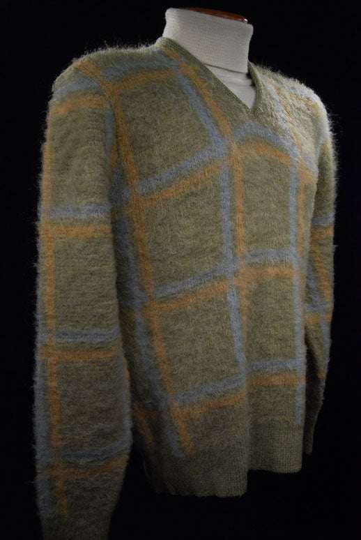 Retro Classic Original pea green light blue golden yellow plaid mohair V-neck sweater by Macrae in Small Medium 42