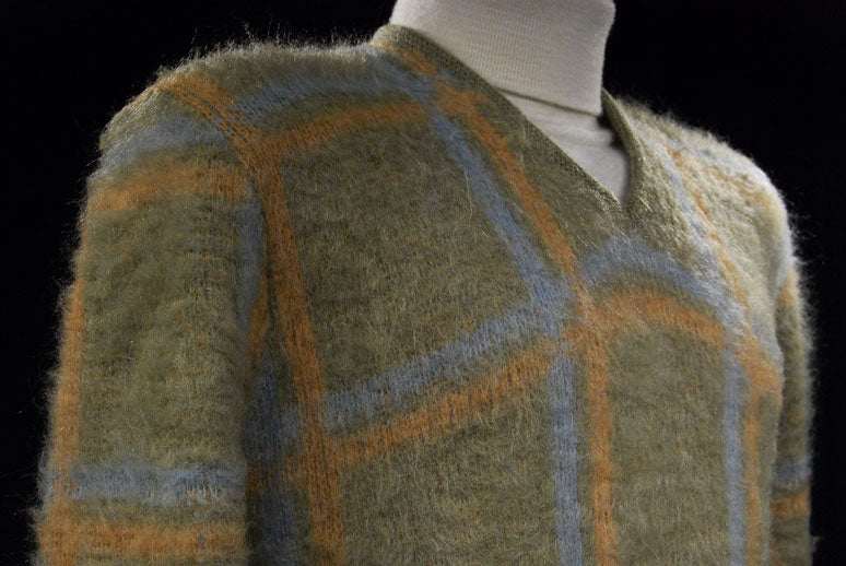 Retro classic original pea green light blue golden yellow plaid mohair V-neck sweater by Macrae in small medium size