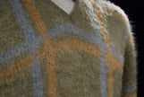 Retro classic original mohair V-neck sweater in pea green, light blue, and golden yellow plaid by Macrae, size Small/Medium (42)