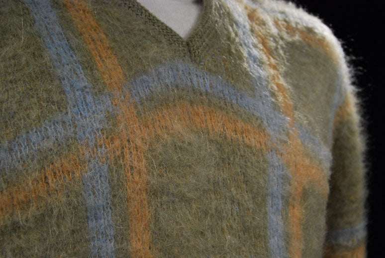Retro classic original mohair V-neck sweater in pea green, light blue, and golden yellow plaid by Macrae, size Small/Medium (42)