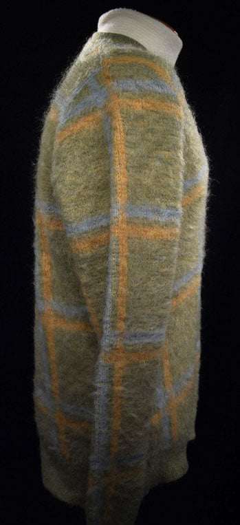 Retro classic original mohair V-neck sweater in pea green, light blue, and golden yellow plaid by Macrae, size Small/Medium (42)