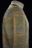 Retro classic original mohair V-neck sweater in pea green, light blue, and golden yellow plaid by Macrae.