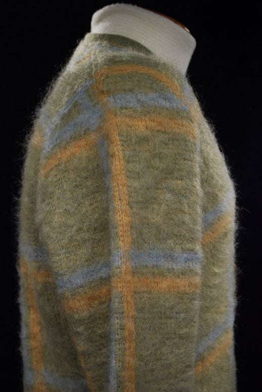 Retro classic original mohair V-neck sweater in pea green, light blue, and golden yellow plaid by Macrae.