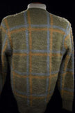 Retro Classic Original mohair V-neck sweater in pea green, light blue, and golden yellow plaid by Macrae, size Small/Medium.
