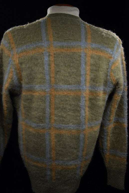 Retro Classic Original mohair V-neck sweater in pea green, light blue, and golden yellow plaid by Macrae, size Small/Medium.