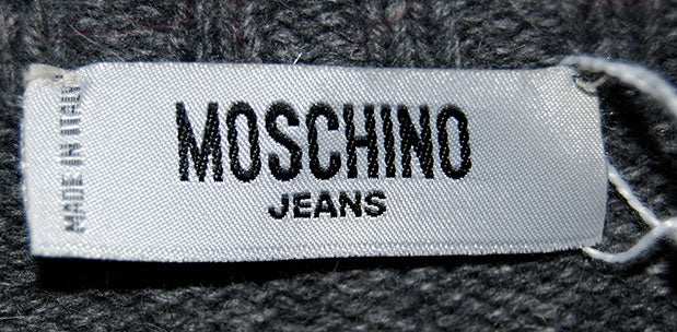 Grey Men's Moschino Jeans V-neck sweater with red mohair trim and chest stripes