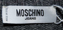 Grey Men's Moschino Jeans V-neck sweater with red mohair trim and chest stripes