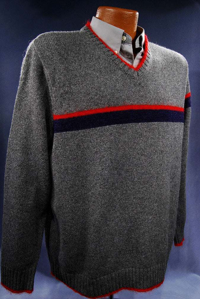 Grey Men's Moschino Jeans V-neck sweater with red mohair trim and red navy chest stripes