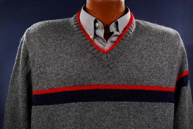 Grey Men's Moschino Jeans V-neck sweater with red mohair trim and red navy chest stripes, size large