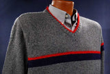 Men's Moschino Jeans grey V-neck sweater with red mohair trim and chest stripes