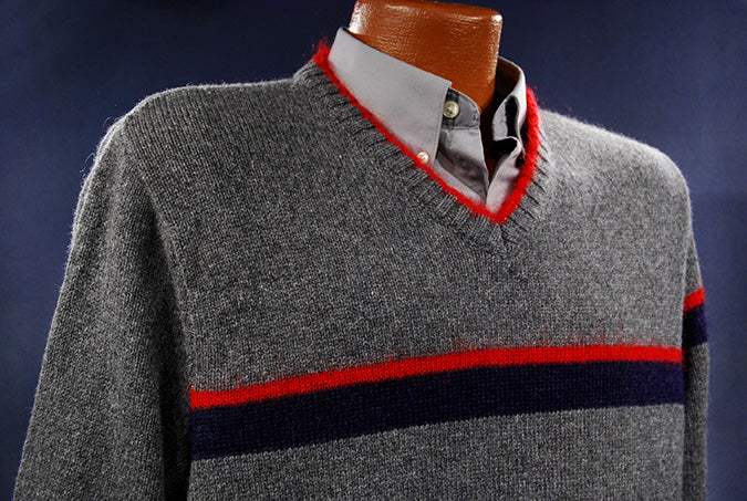 Men's Moschino Jeans grey V-neck sweater with red mohair trim and chest stripes