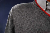 Men's Moschino Jeans grey V-neck sweater with red mohair trim and red navy chest stripes