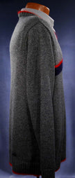 Men's Moschino Jeans grey V-neck sweater with red mohair trim and red navy chest stripes