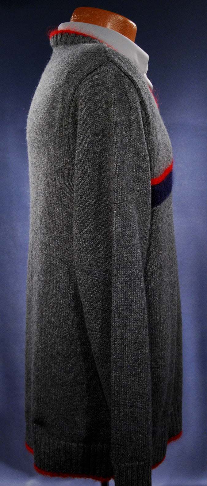 Men's Moschino Jeans grey V-neck sweater with red mohair trim and red navy chest stripes