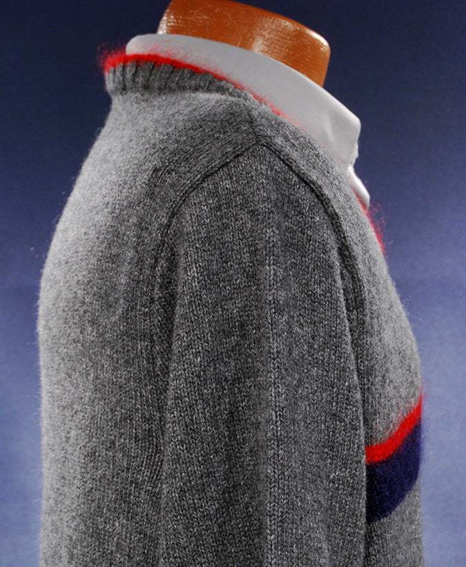 Grey Men's Moschino Jeans V-neck sweater with red mohair trim and red navy chest stripes