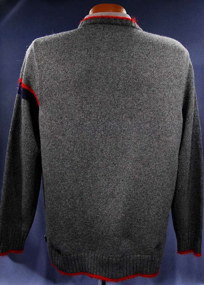 Grey Men's Moschino Jeans V-neck sweater with red mohair trim and red and navy chest stripes