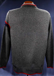 Grey Men's Moschino Jeans V-neck sweater with red mohair trim and red and navy chest stripes
