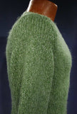 Woman's sage-green fuzzy V-neck sweater pullover in small-medium size displayed on mannequin
