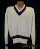Men's classic V-neck cable-knit tennis sweater in white with navy and red stripes, retro 1960s style pullover by Campus.