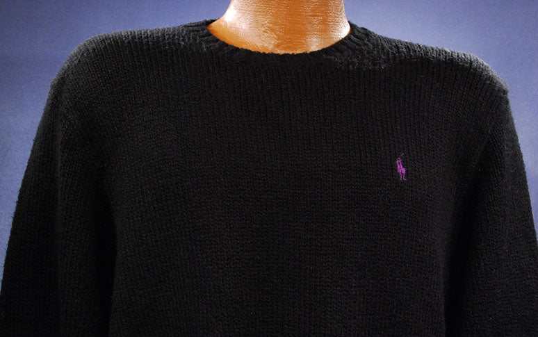 Men's black cotton crewneck pullover sweater by Polo Ralph Lauren with purple logo
