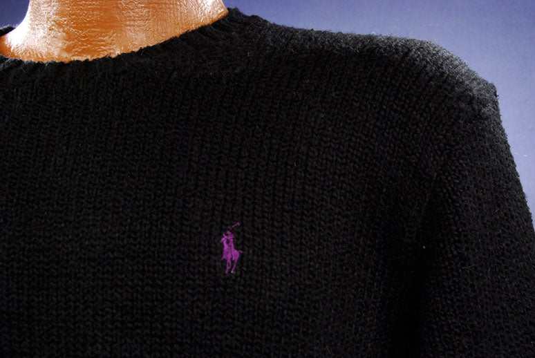 Men's black cotton crewneck pullover sweater with purple Polo Ralph Lauren logo