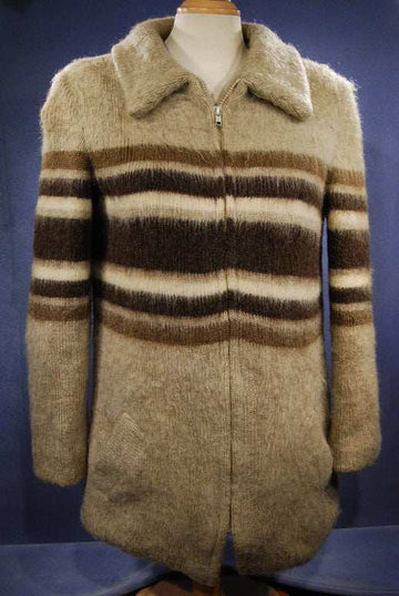 Woman's rare brown Icelandic wool coat with three-tone stripes and nylon lining by Hilda Ltd.