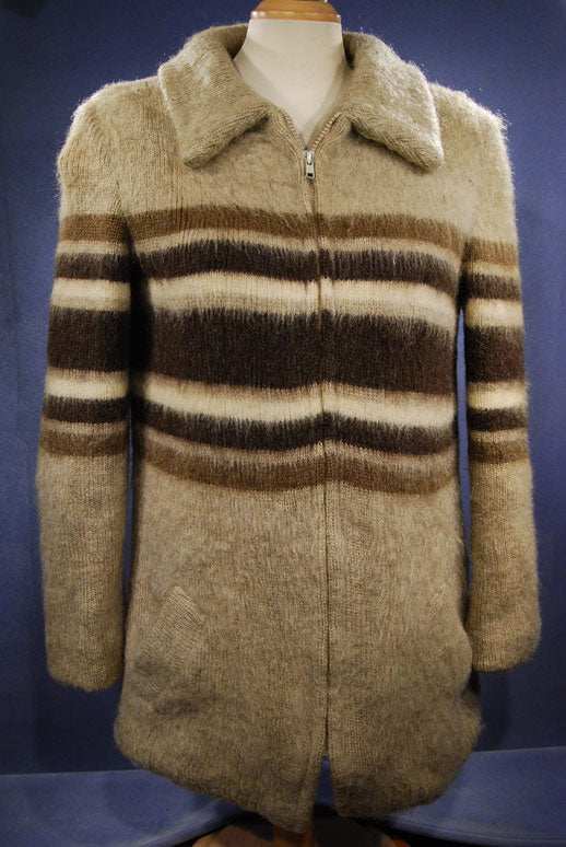 Woman's Icelandic wool coat by Hilda Ltd with rare brown three-tone horizontal stripes and nylon lining.