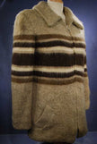 Rare brown woman's Icelandic wool coat with horizontal three-tone stripes and nylon lining by Hilda Ltd.