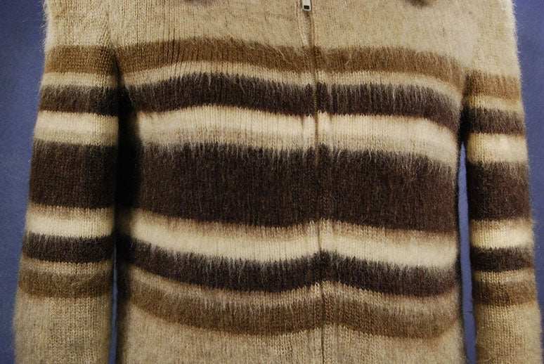 Brown woman's Icelandic wool coat with horizontal three-tone stripes and nylon lining by Hilda Ltd.