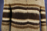 Brown woman's Icelandic wool coat with horizontal three-tone stripes and nylon lining by Hilda Ltd.
