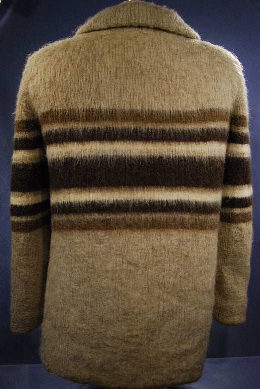 Woman's Icelandic wool coat in brown with horizontal three-tone stripes and nylon lining by Hilda Ltd.