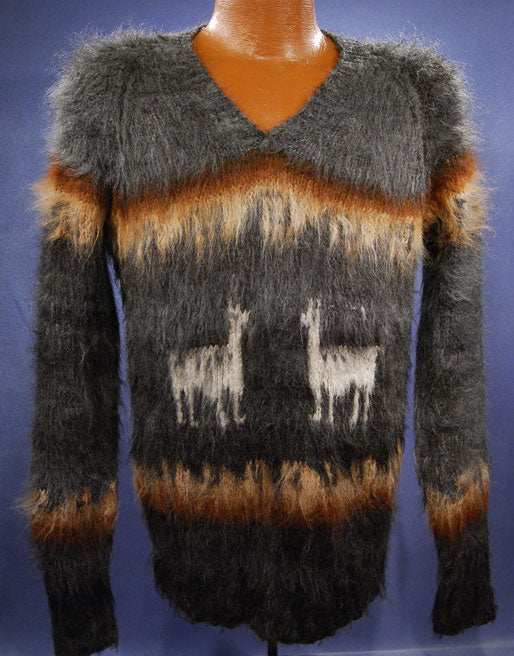 Grey alpaca V-neck sweater with orange stripes and llama design by Scott's Sweaters