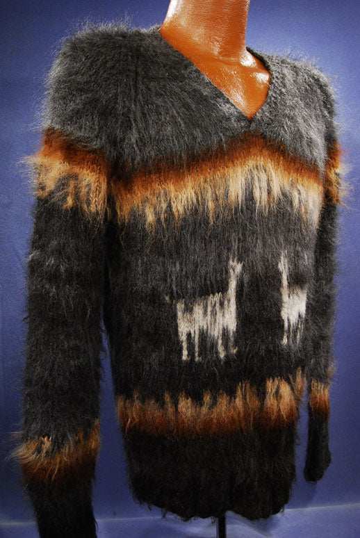 Grey alpaca V-neck sweater with orange chest stripes and llama design, wonderfully soft and made in Bolivia