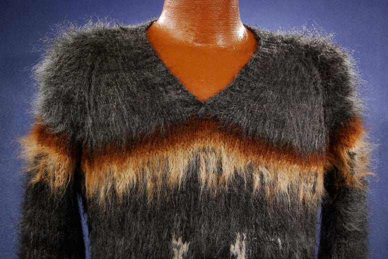 Grey alpaca V-neck sweater with orange chest stripes and llama design, ultra-soft and hypoallergenic