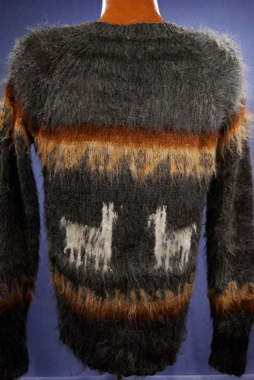 Grey wonderously soft alpaca V-neck sweater with orange chest stripes and lama design