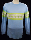 Girl's powder-blue angora crewneck sweater with white and lime green geometric design